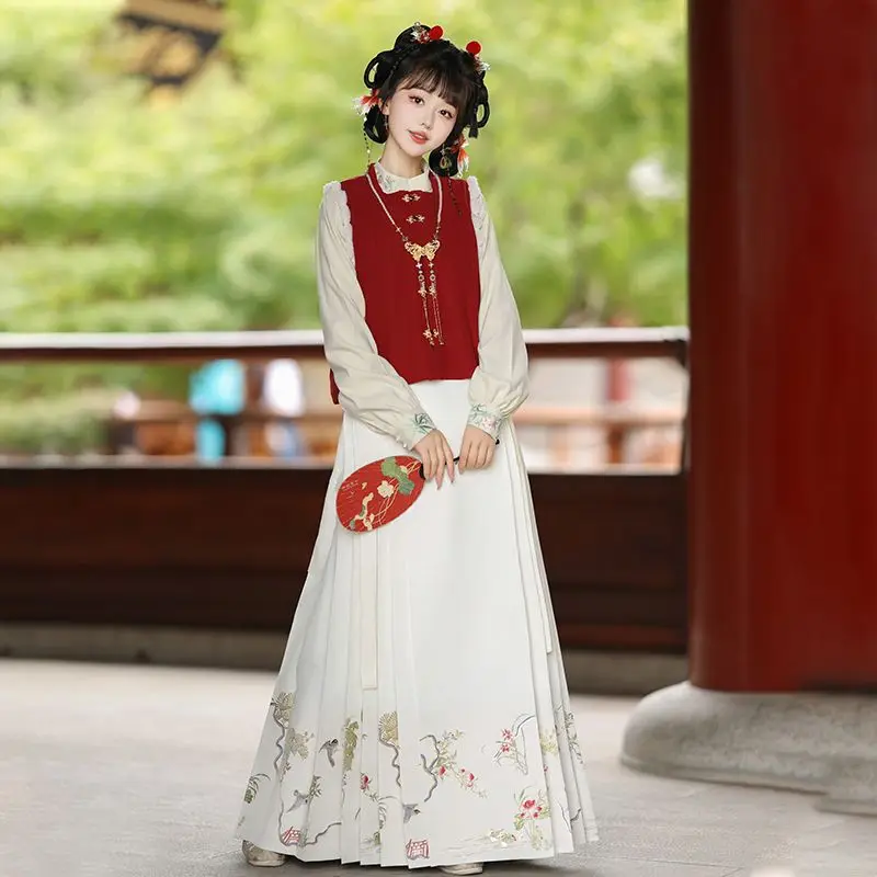 Chinese Traditional Women Dress Black Vest Beige Shirt Printed Horseface Skirt Three Piece Modified Hanfu Women Evening Dresses