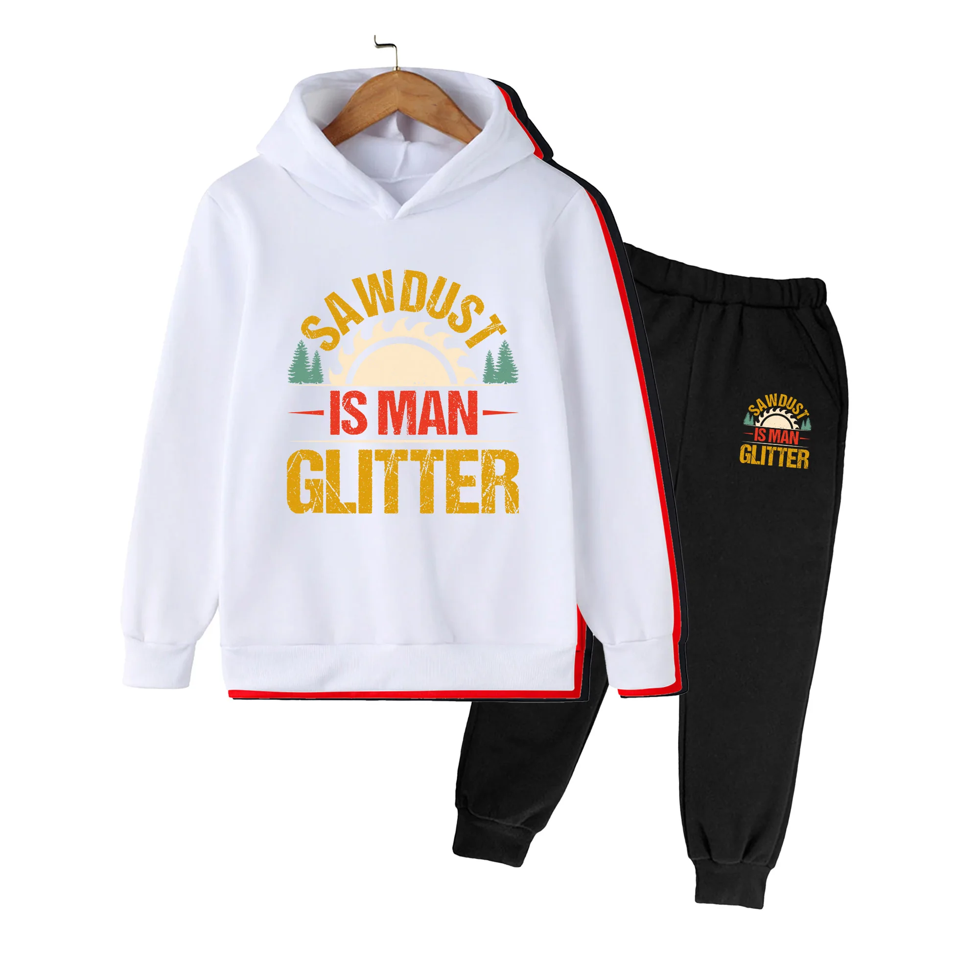 Kids Hoodie & Pants Set, SAWDUST IS MAN GLITTER Print Casual Outdoor Sportswear for Boys Girls