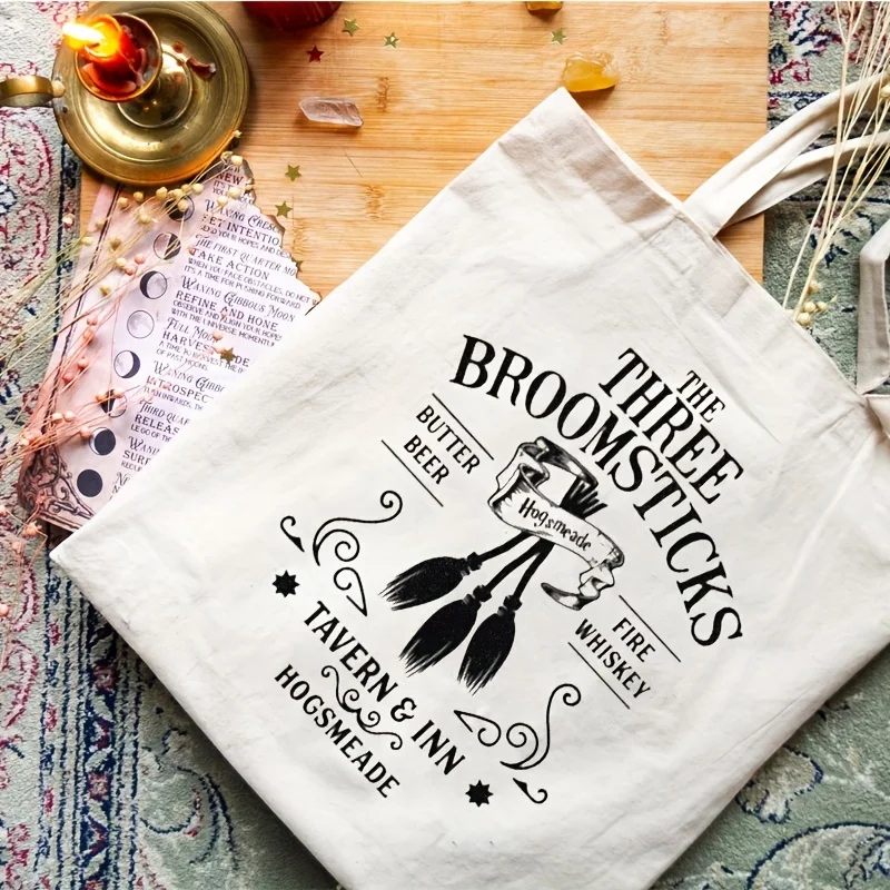 Three Broomsticks Pattern Canvas Tote Bag, Magic Broom Graphics Reusable Shopping Bag, Best Gift  Enthusiasts Trendy Beach Bag