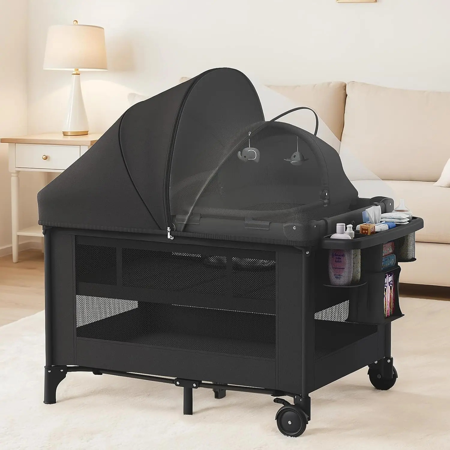 

Многофункциональная колыбель-трансформер 4-в-1: манеж, гнездышко для сна, пеленальный столик, с москитной сеткой и навесом для новорожденных и малышей