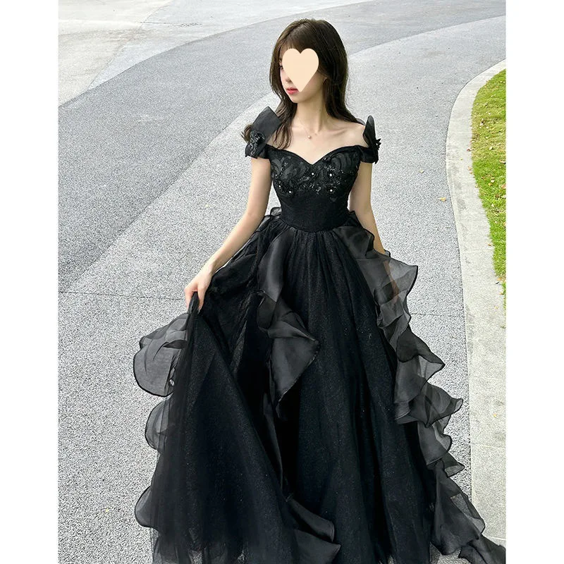 2024 Evening Wedding Party Elegant Dress New High End Luxury Host Small Puff Skirt Off Shoulder Korean Sweet Long Fluffy Dress