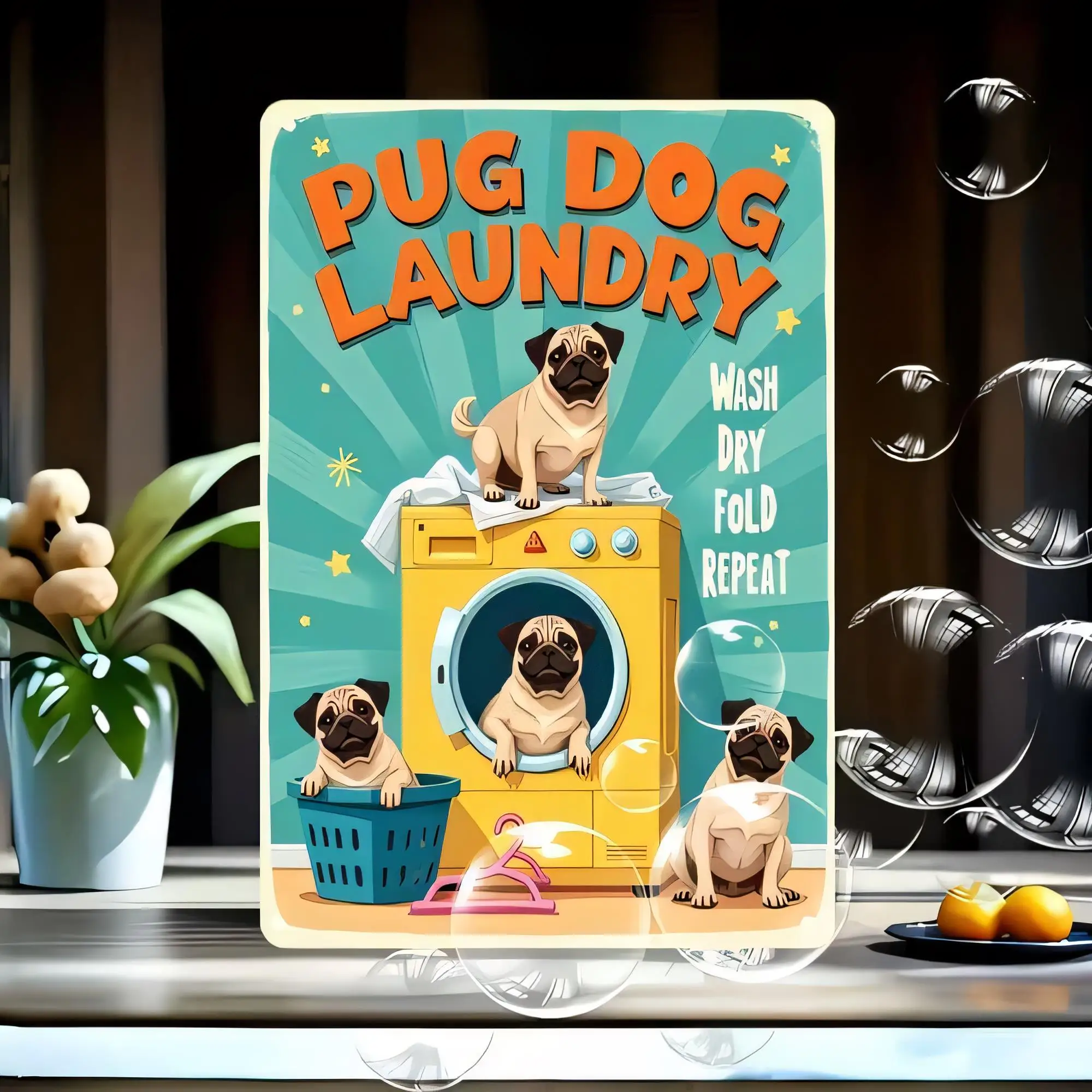 Tin Sign Pug Dog Laundry Wall Decor Funny Vintage Retro Wash Dry Fold Repeat Cute Pug Lover Metal Plaque for Bathroom Kitchen La