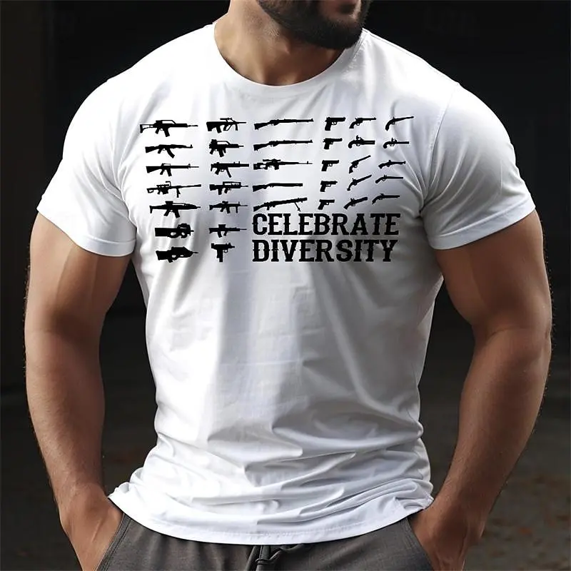 2025 New Summer Round Neck Men's Gun Printing T-shirt Fashion Trend Men's Daily Breathable Short-sleeved Outdoor Sports T-shirt