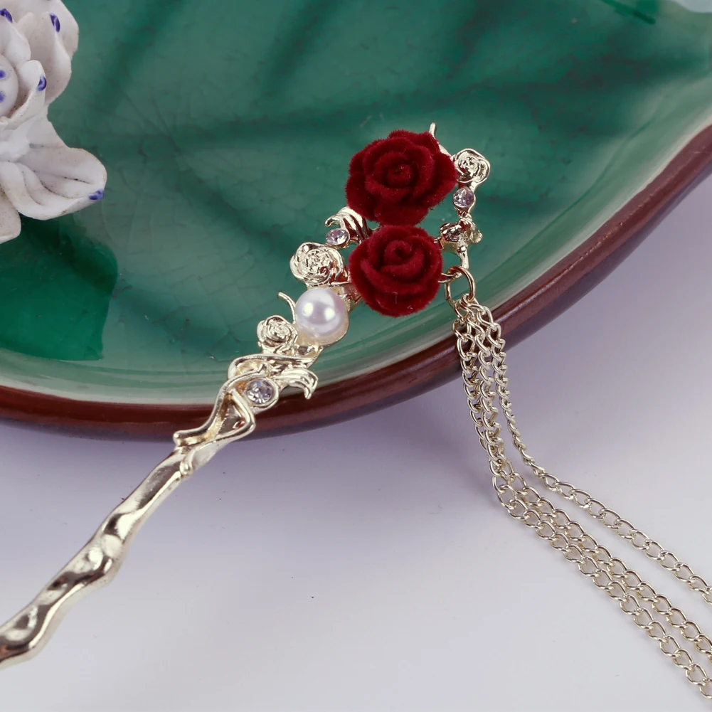 دبوس شعر على شكل شرابة وردية على الطراز القديم إكسسوار شعر هانفو Buyao مع دبوس شعر من الخرز لأزياء الزفاف الصينية التقليدية