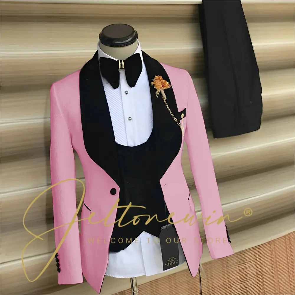 

Pink Jacquard Men Suit Slim Fit 3 Pieces Black Velvet Shawl Lapel Wedding Tuxedos Prom Male Clothing Costume Homme