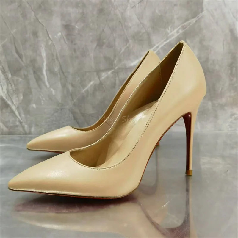 

Pointy Toe Beige Stiletto High Heels Single Shoes Women Elegant Nude Color Shallow Pumps Brand Design Shallow Shoes for Lady