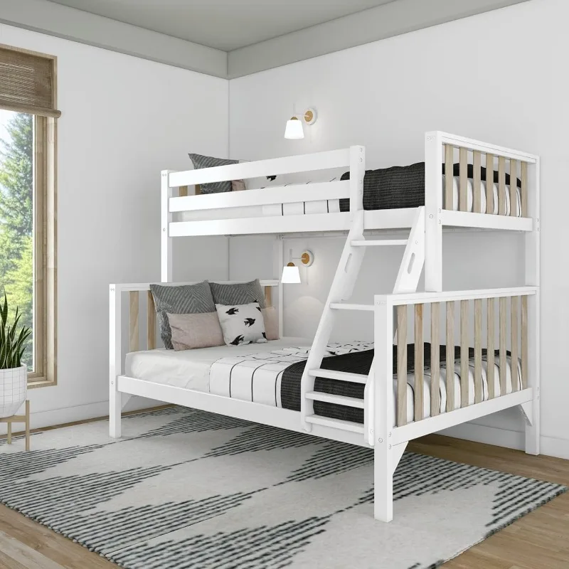 

Bunk Bed Scandinavian Modern Bunk Bed Solid Wood Twin-Over-Full Bed Frame for Kids No Box Spring Needed Blonde/White