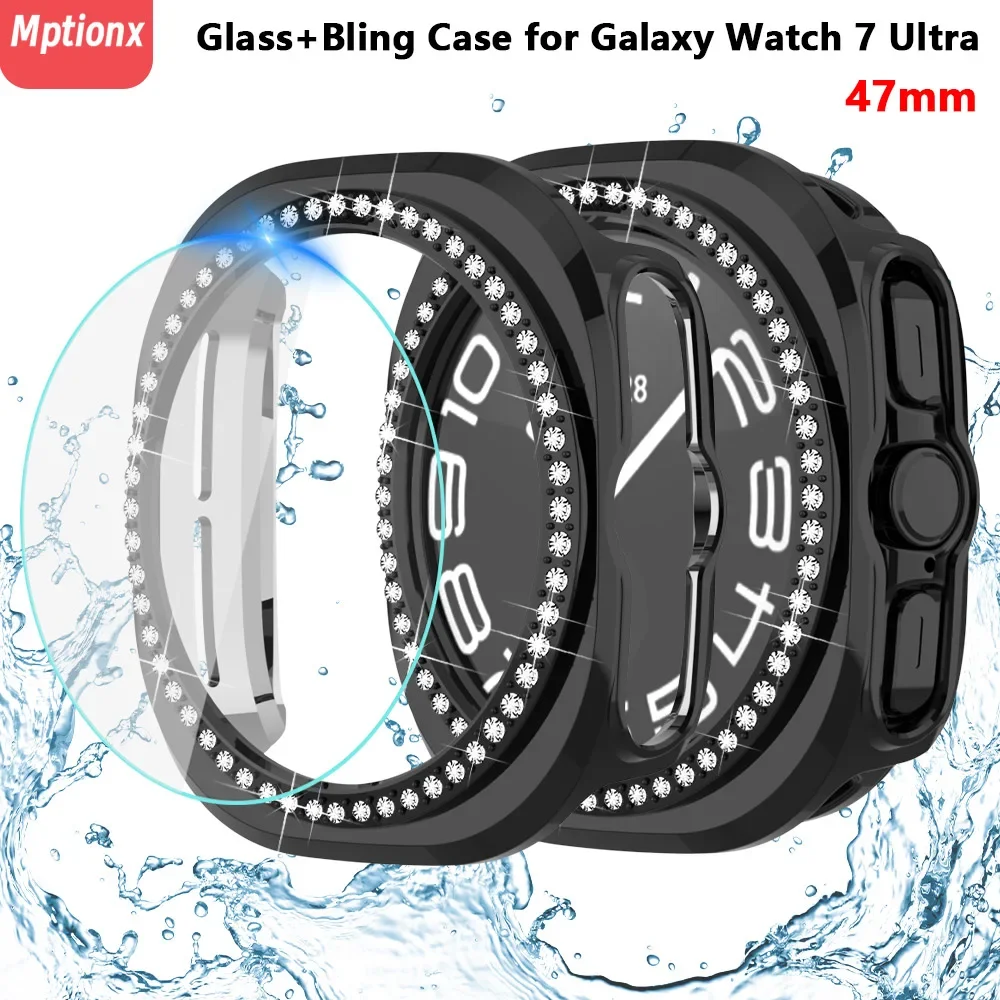 Diamond Case+Glass for Samsung Galaxy Watch 7 Ultra 47mm Bling PC Bumper Cover Screen Protector Film for Galaxy Watch 7Ultra