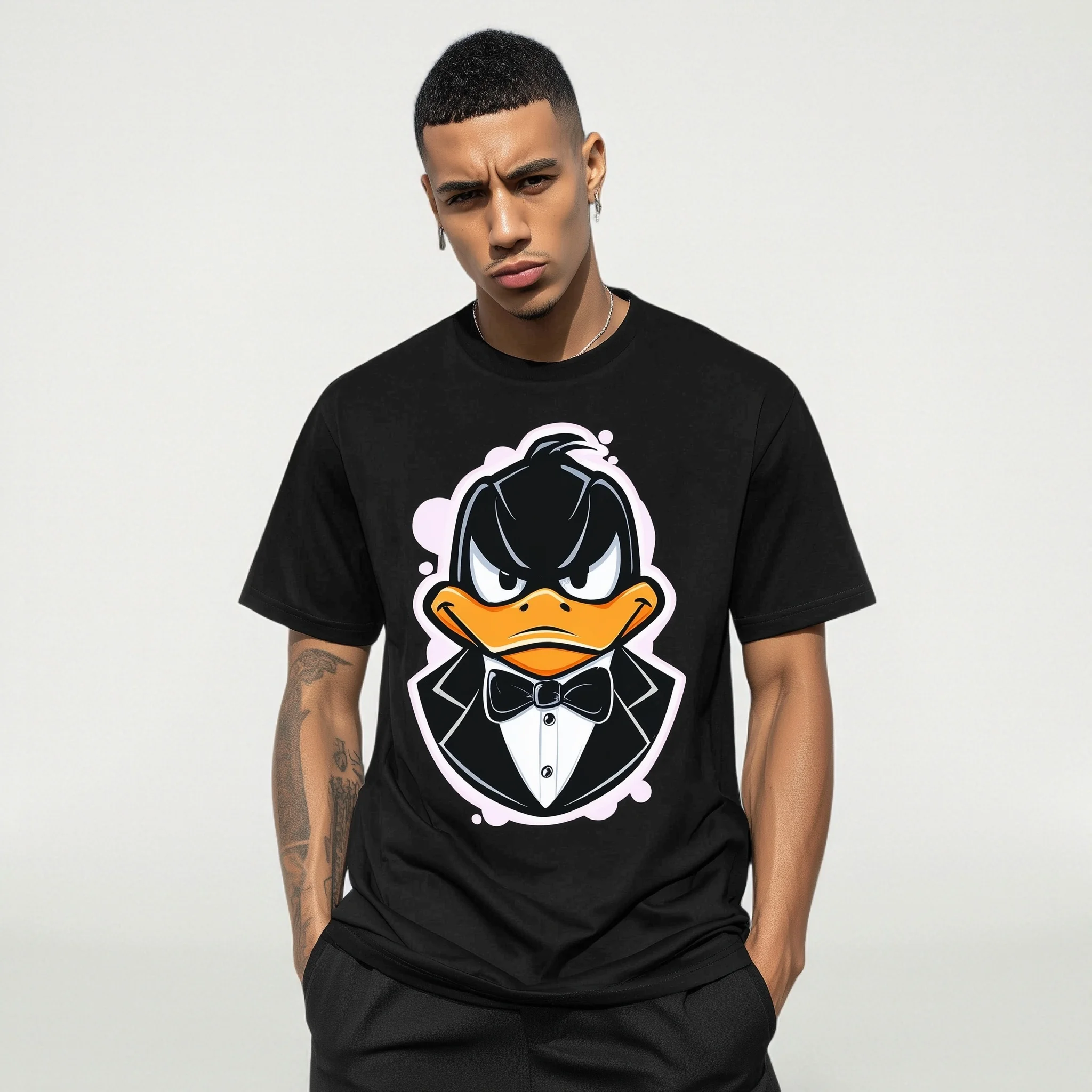 

Teevo Men's Casual T-Shirt with Cartoon Duck in Suit Print for Daily Wear