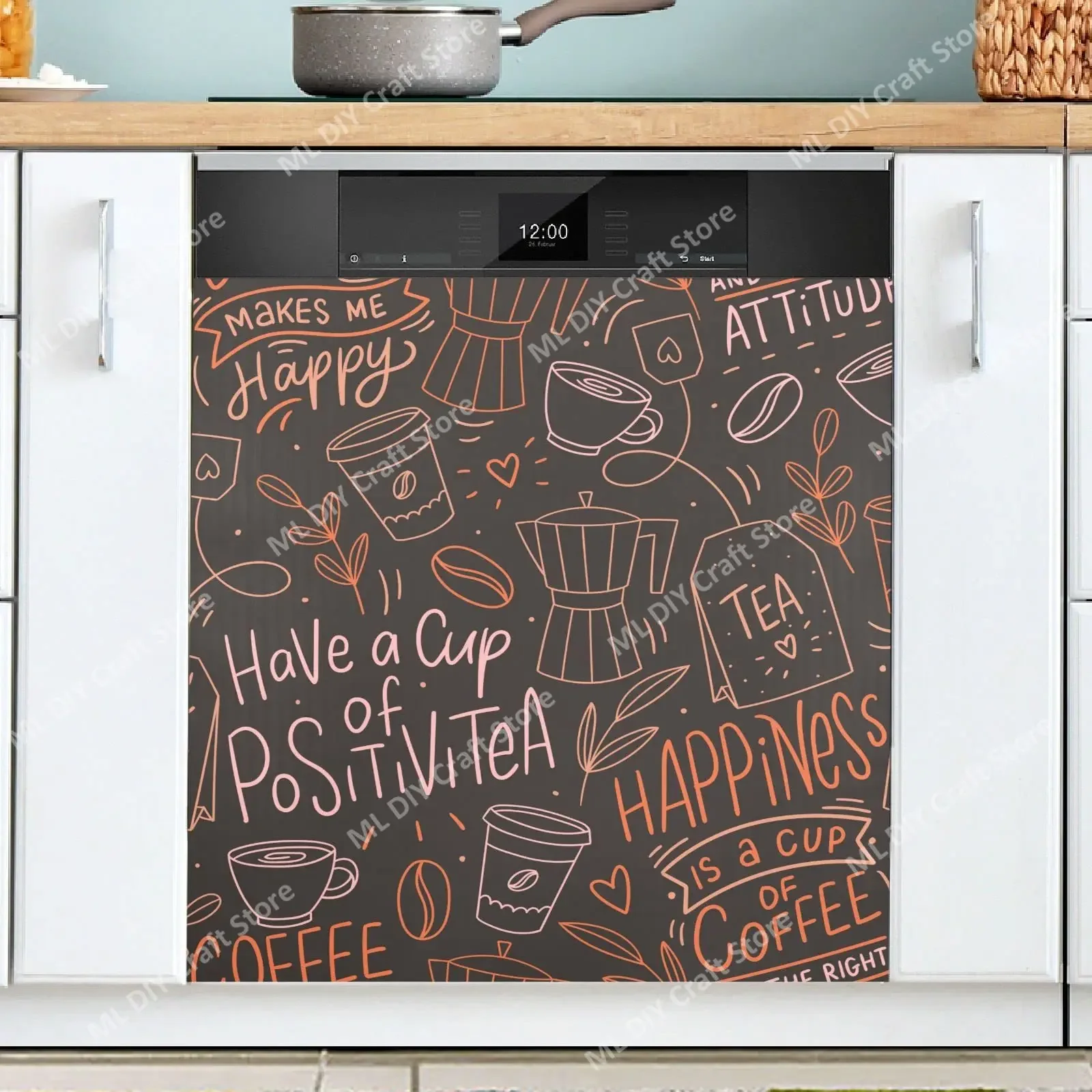 Retro Coffee Topics Cafe Design Dishwasher Sticker Cover Dish Washer Door Panel Cover Art Picture Fridge Appliance Kitchen Decor