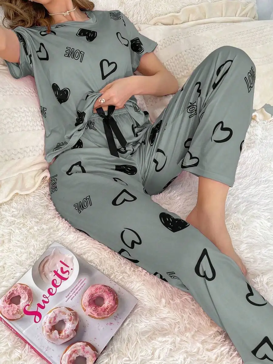 Women Heart Print Round Neck Short Sleeve Sleep Top And Drawstring Pants Pajama Set