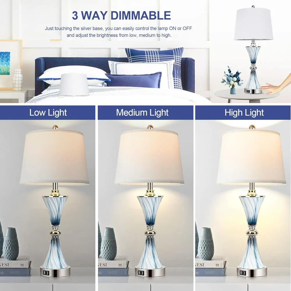 Set of 2 Blue Glass Table Lamps for Bedrooms with 2 USB ports 3-Way Dimmable Touch Coastal Bedside Lamps