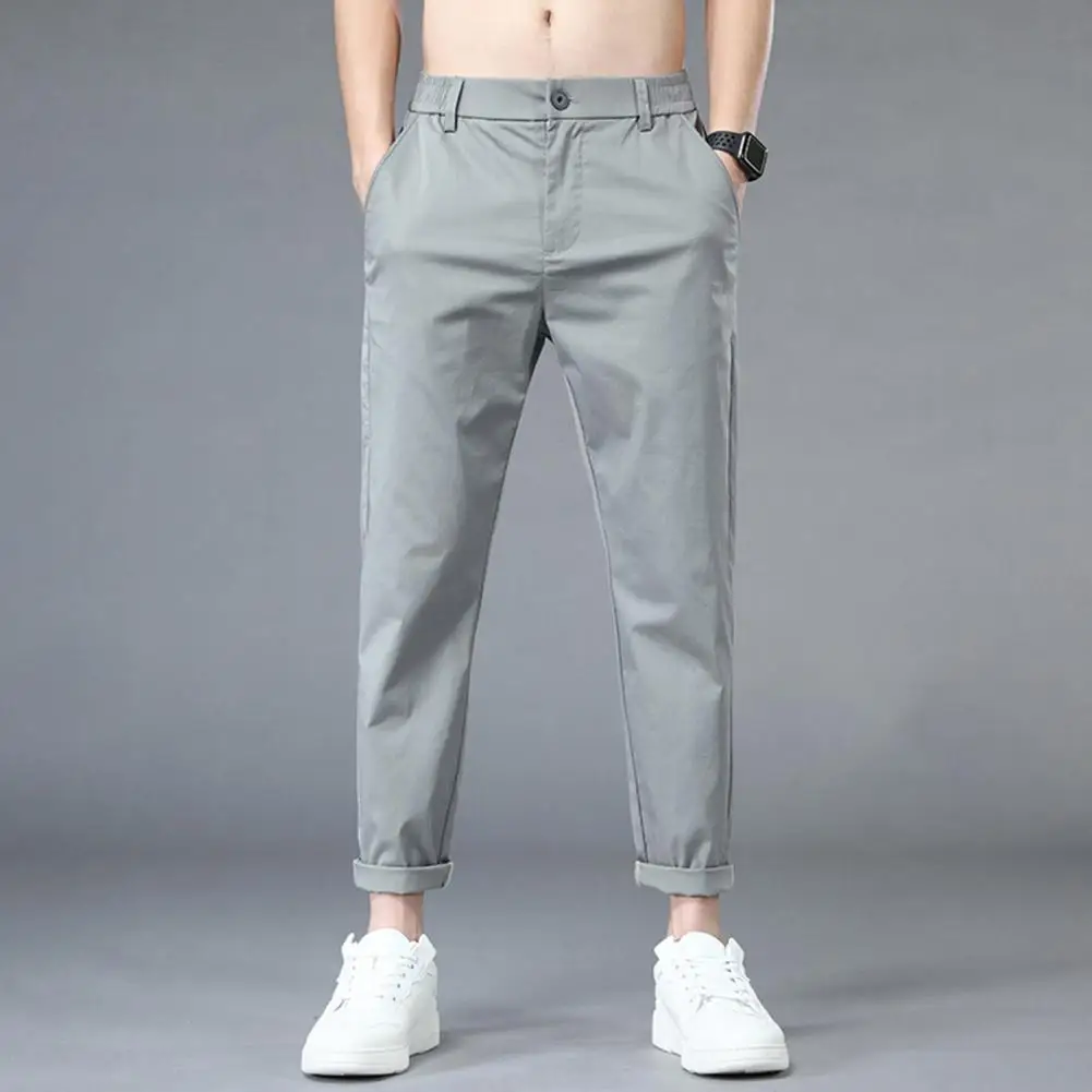 

Ankle-Length Casual Mid-rise Elastic Waistband Men Pants Button Fly Pockets Solid Color Thin Straight Leg Sport Pants Streetwear