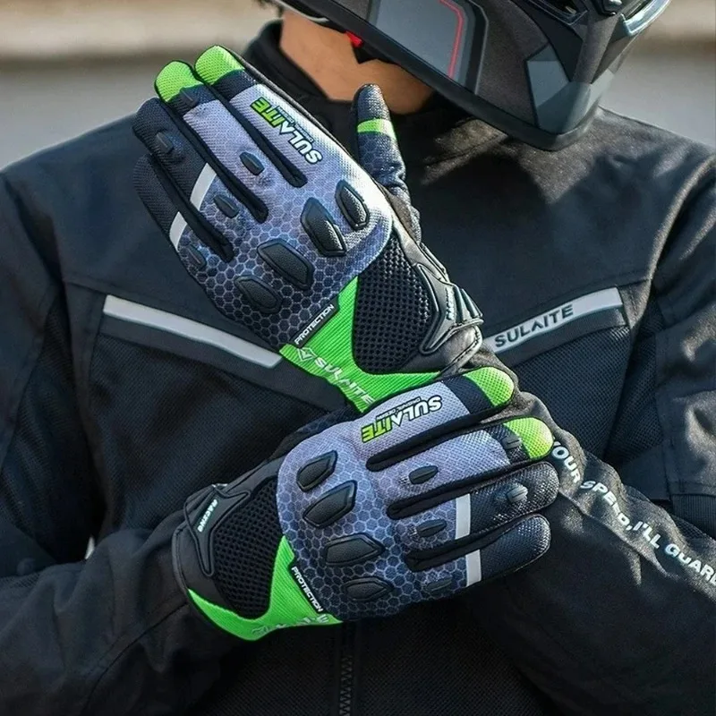 SULAITE Men Summer Breathable Mesh Motorcycle Gloves Touch Screen Anti-Fall TPU Goatskin for Motocross Cycling Riding Safety Use