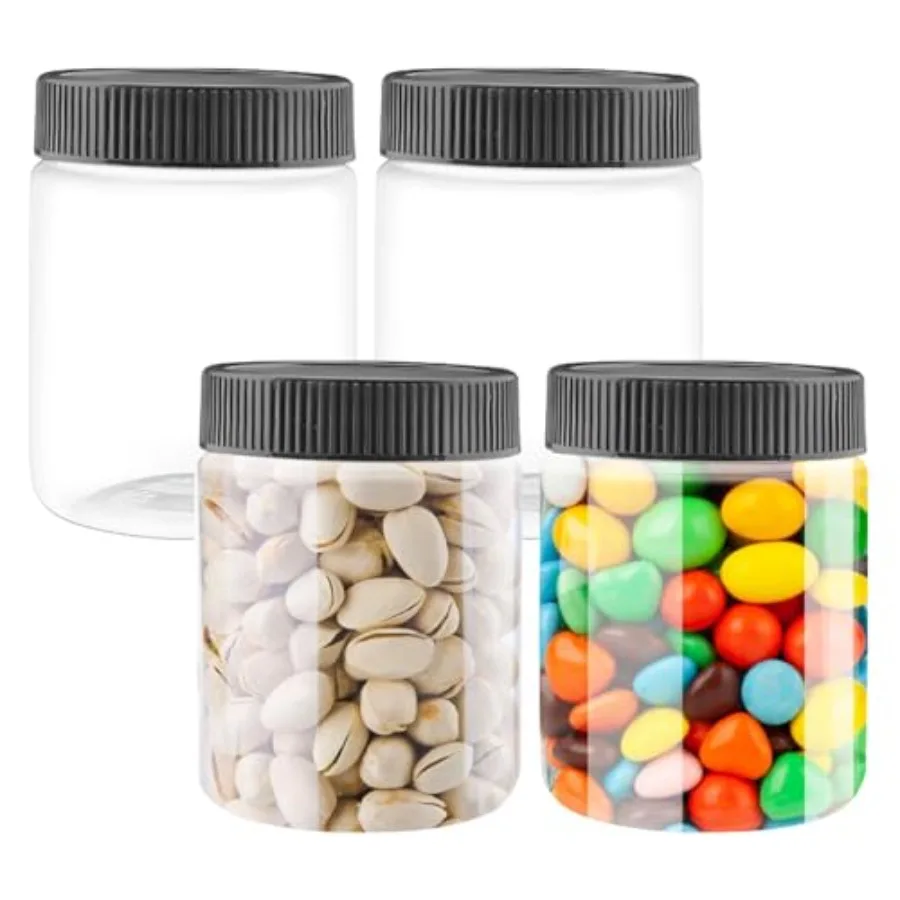 

FEOOWV 10 унций прозрачные пластиковые банки с черными крышками многоразовые кухонные контейнеры для хранения сухих продуктов, кофе, орехов и других 4 прозрачных