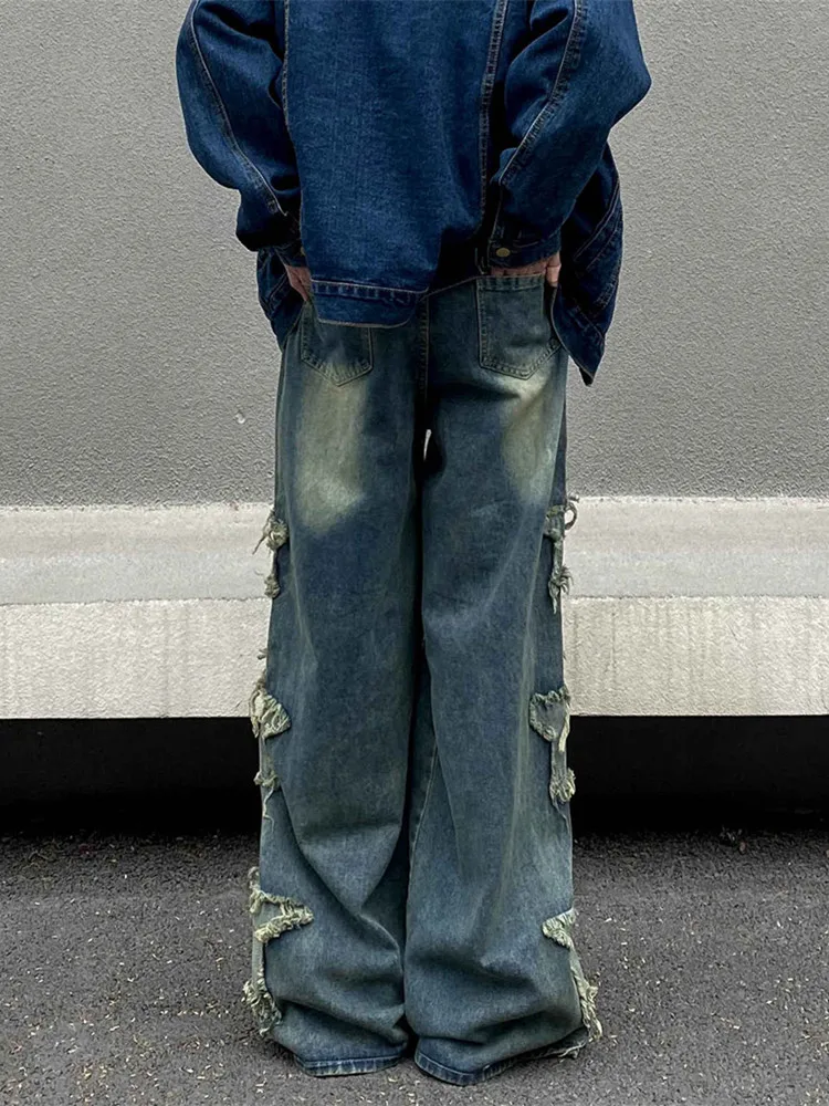 2024 Ropa Y2K Streetwear celana Jeans pria bordir longgar bertumpuk, celana Denim lurus tua kaki lebar