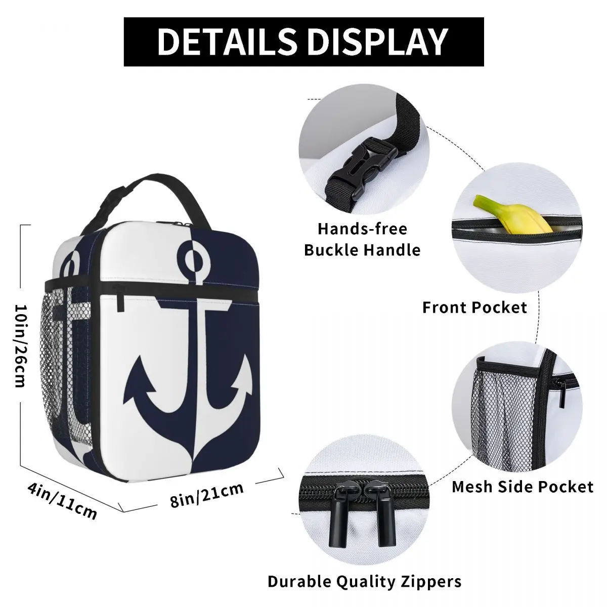 Nautischer Seemann weiß Marineblau Anker wärme isolierte Lunch-Tasche wieder verwendbare Tasche für Mittagessen Thermo kühler Lunchbox