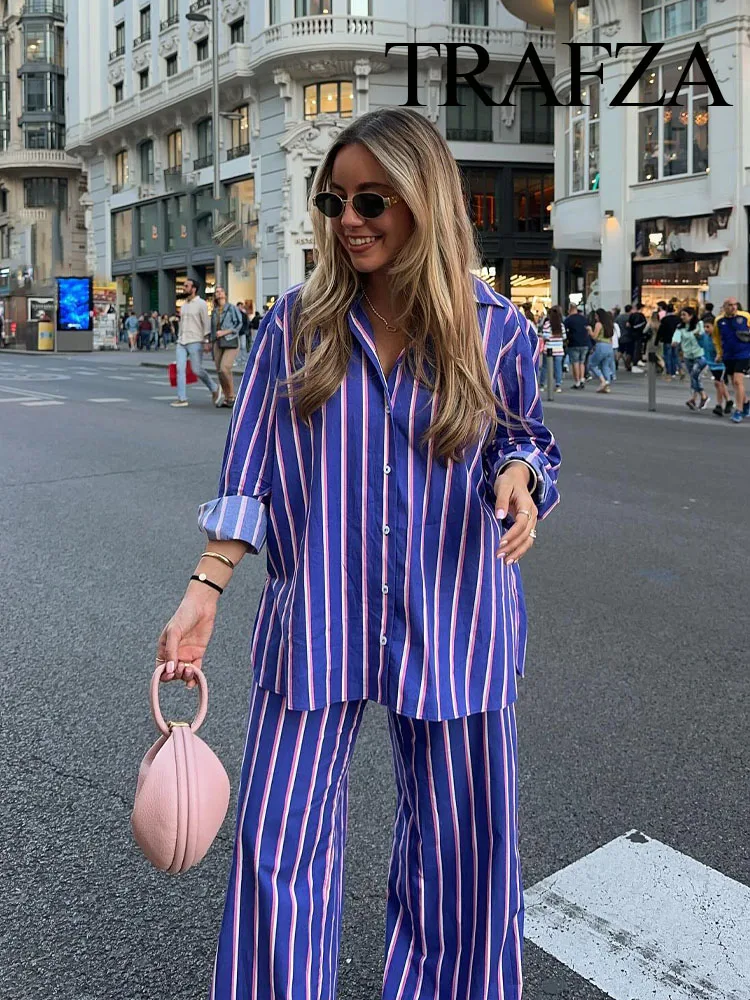 TRAFZA Summer Fashion Women Pant Suits Stripe Turn-Down Collar Long Sleeves Single Breasted Shirts+Elastic Waist Pockets Pants