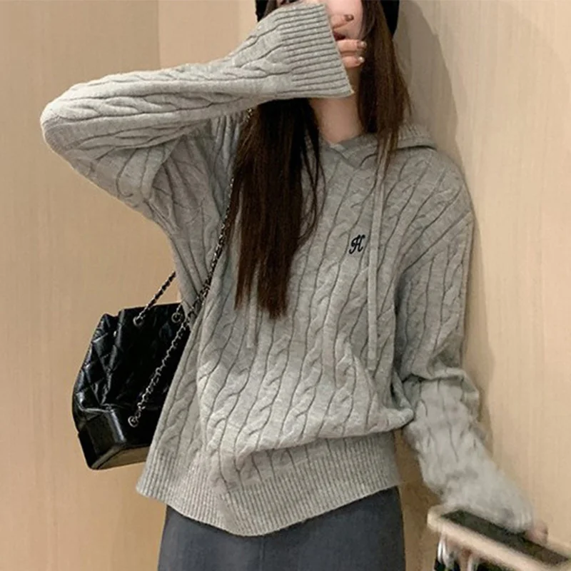 

Drawstring Hooded Knitted Sweater Women Spring Autumn Slim Fit Long Sleeve Pullovers Woman Fashion Patchwork Pullovers Mujer