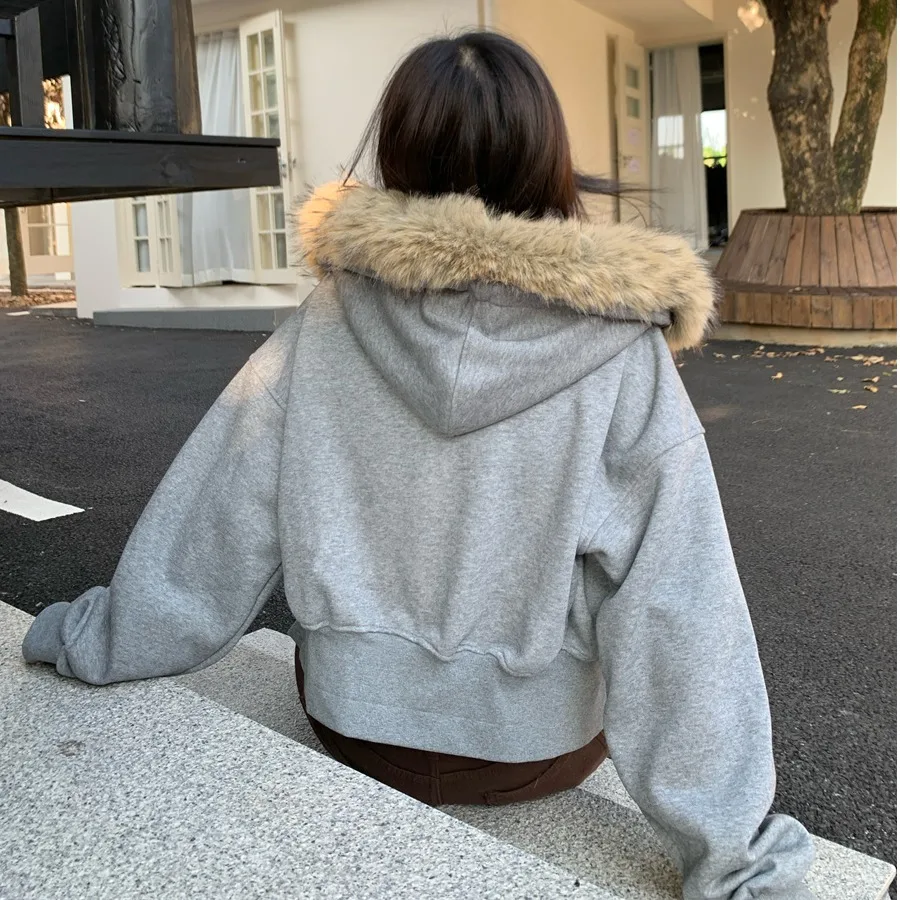Sweat à capuche coréen Sle pour femmes, Long col en fourrure, décontracté, Chic, automne hiver, nouvelle collection, effet amincissant, sensation haut de gamme, ort...