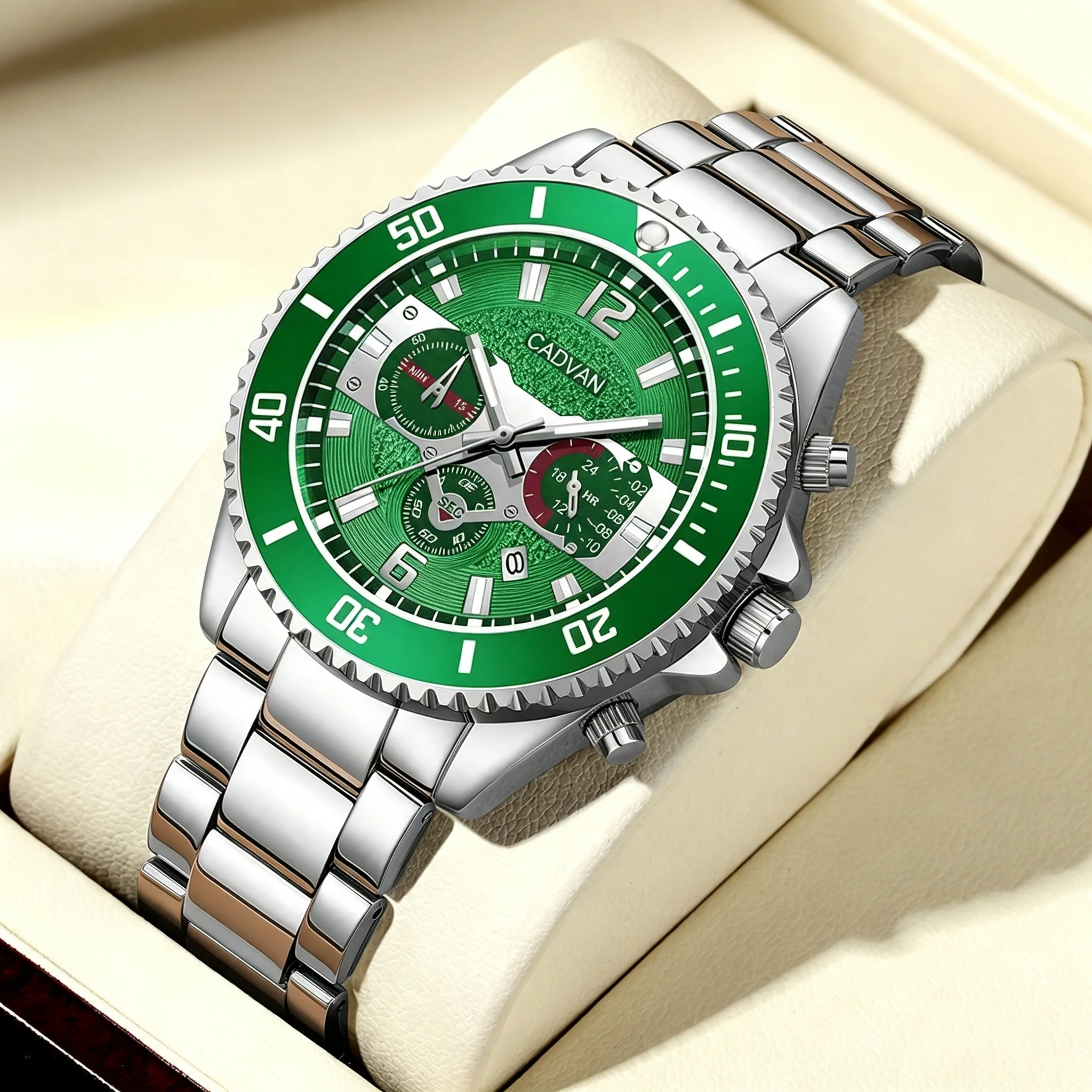 CADVAN Men's Sports Watch, Steel Strap Timing Calendar Dial Watch, Available in Three Colors, Gift Box with Watch Adjuster Set