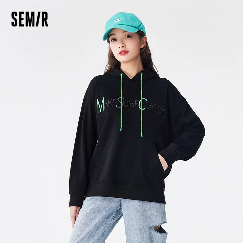 Semir-suéter con bordado de letras para mujer, camisa de fondo suelta, Top con capucha que combina con todo, suéter Simple para niña, moda Ins,