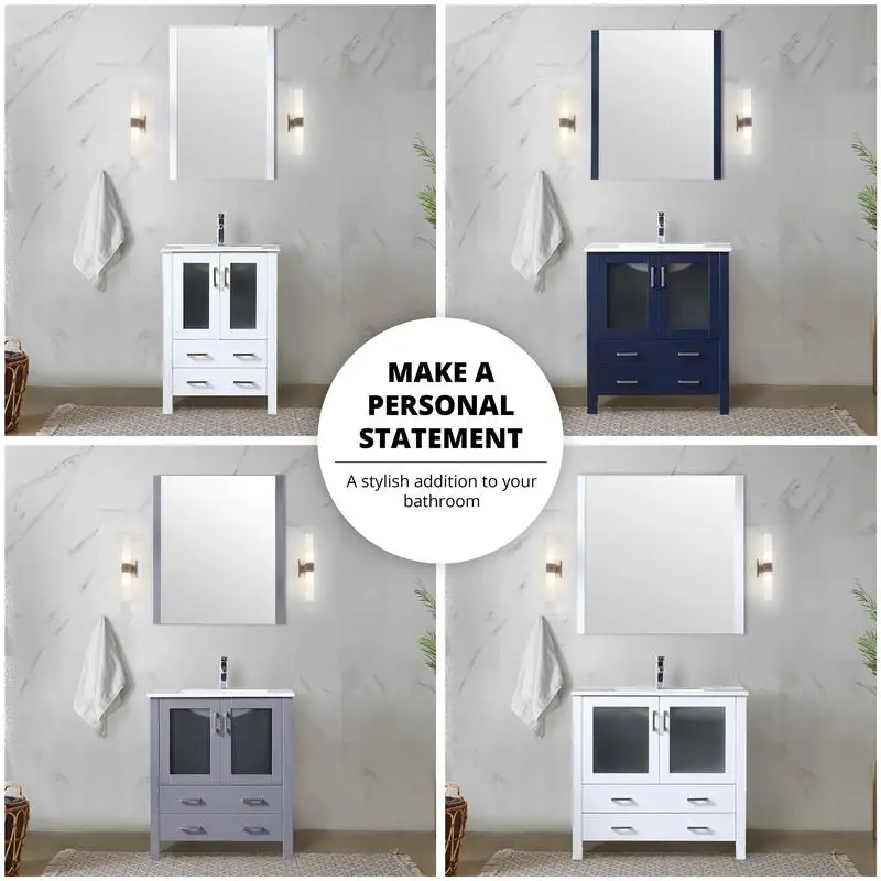 حمام مزدوج باللون الأزرق الداكن مقاس 108 بوصة عرض × 18.25 بوصة عمق مع خزائن جانبية وسطح سيراميك أبيض للحمامات الحديثة