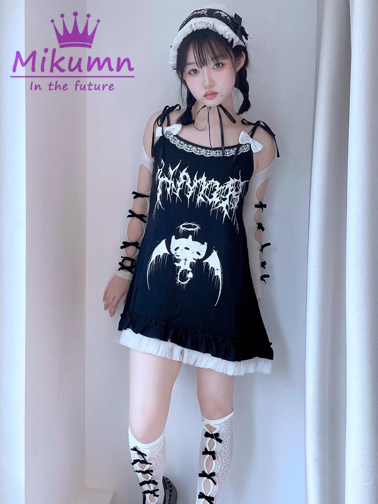 Harajuku Girls Devil Letters Print Dress Japanese Cute Spaghetti Strap платье Women Summer Sleeveless Gothic Mini Dress Vestidos