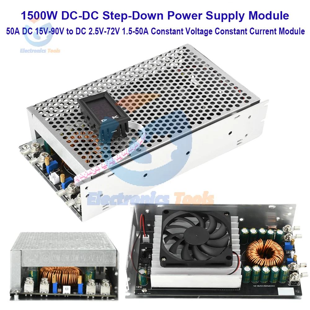 

Понижающий преобразователь постоянного тока 1500 Вт, 50 А, понижающий модуль питания постоянного тока 15 В-90 В до 2,5 В-72 В, 1,5-50 А, тестер тока с регулируемым напряжением
