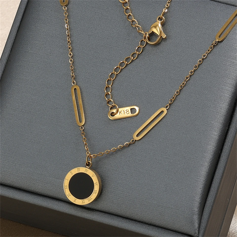 ZAKOL Roman Numerals Disc Dial Plate Pendant Necklaces For Women Men Unisex Gold Color Metal Choker Clavicle Chain Jewelry Gifts