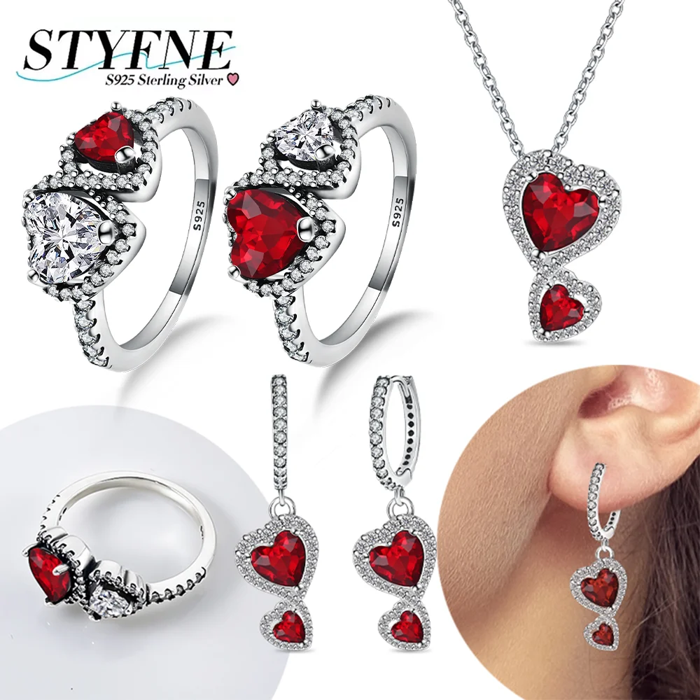 925 Sterling Silver Sparkling Double Red Love Zircon Original Jewelry Set Earring Necklace Ring for Women's Valentine's Day Gift