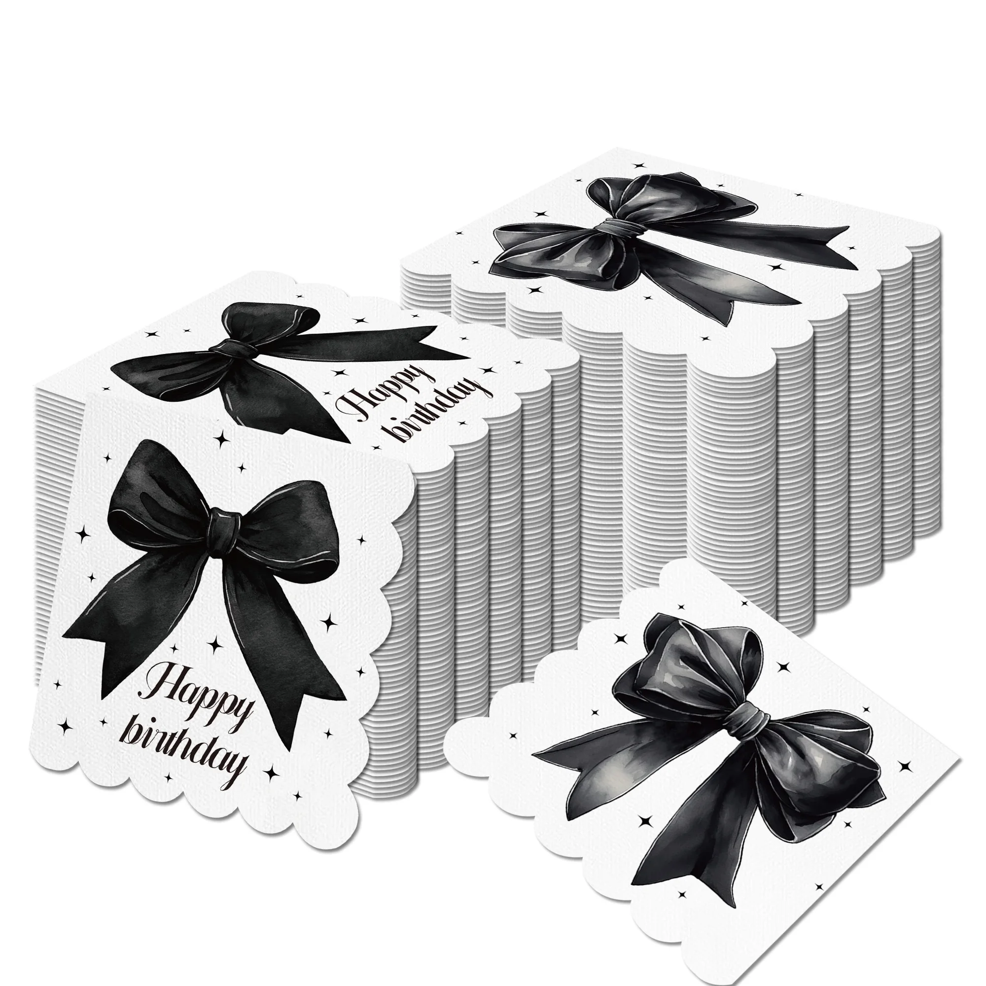 20 serviettes en papier noires festonnées avec nœud imprimé Joyeux Anniversaire, parfaites pour les fêtes d'anniversaire et les travaux manuels de découpage