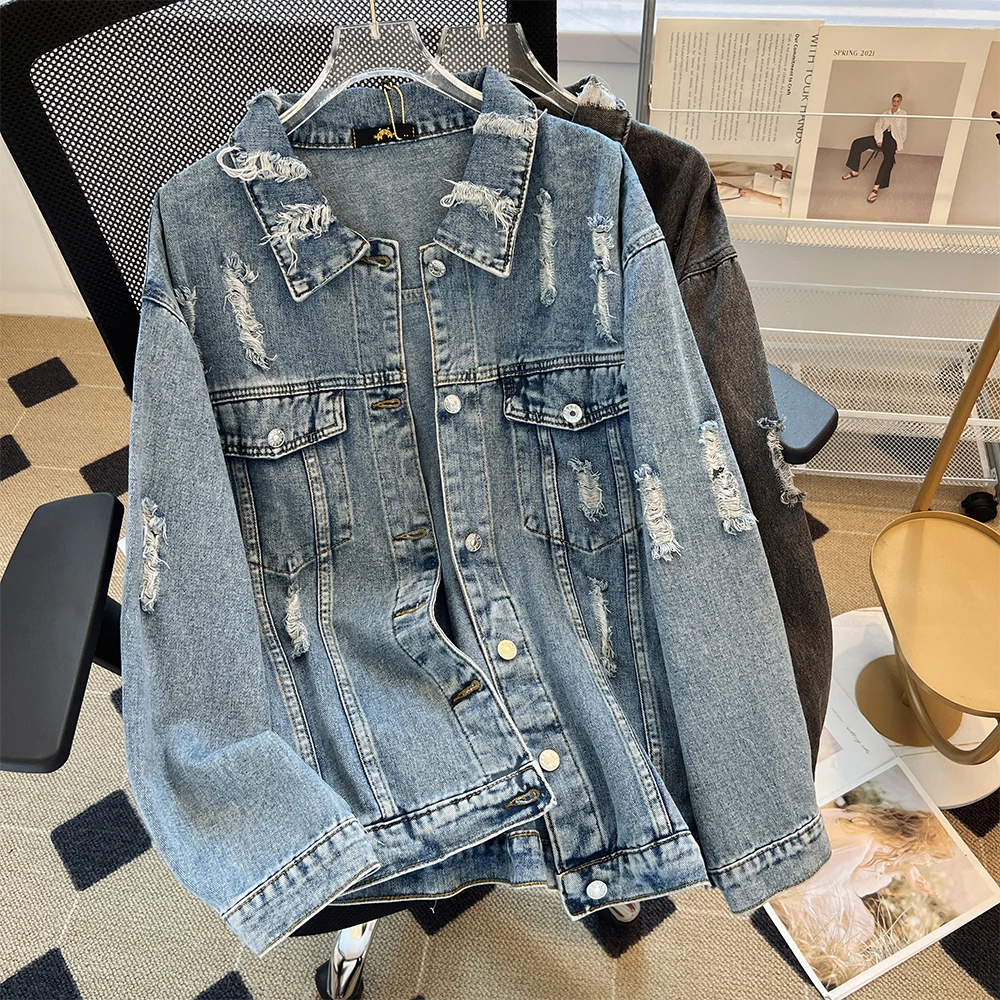 Autumn plus size women's casual denim jacket Black blue wash denim wear process lapel commuter top single-breasted cardigan 2024