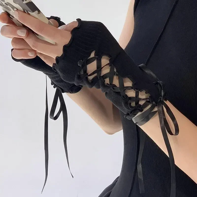 Women Lolita Jk Lace Fingerless Gloves Black Gothic DIY Strapping Sunscreen Sleeve Clothing Accessories Elastic Mesh Punk Gloves