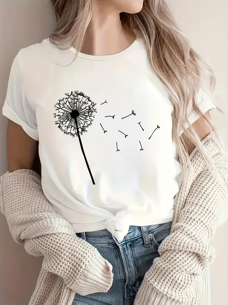 Dandelion floating fluff short sleeved casual women's fashion women's pattern T-shirt women's printed summer T-shirt