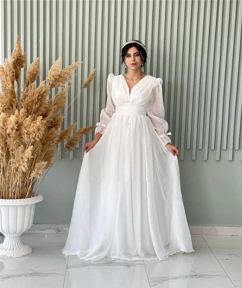 Vestidos de Noche formales de Organza con cuello en V para mujer, vestido de graduación de manga larga Simple, personalizado privado, modesto, Árabe