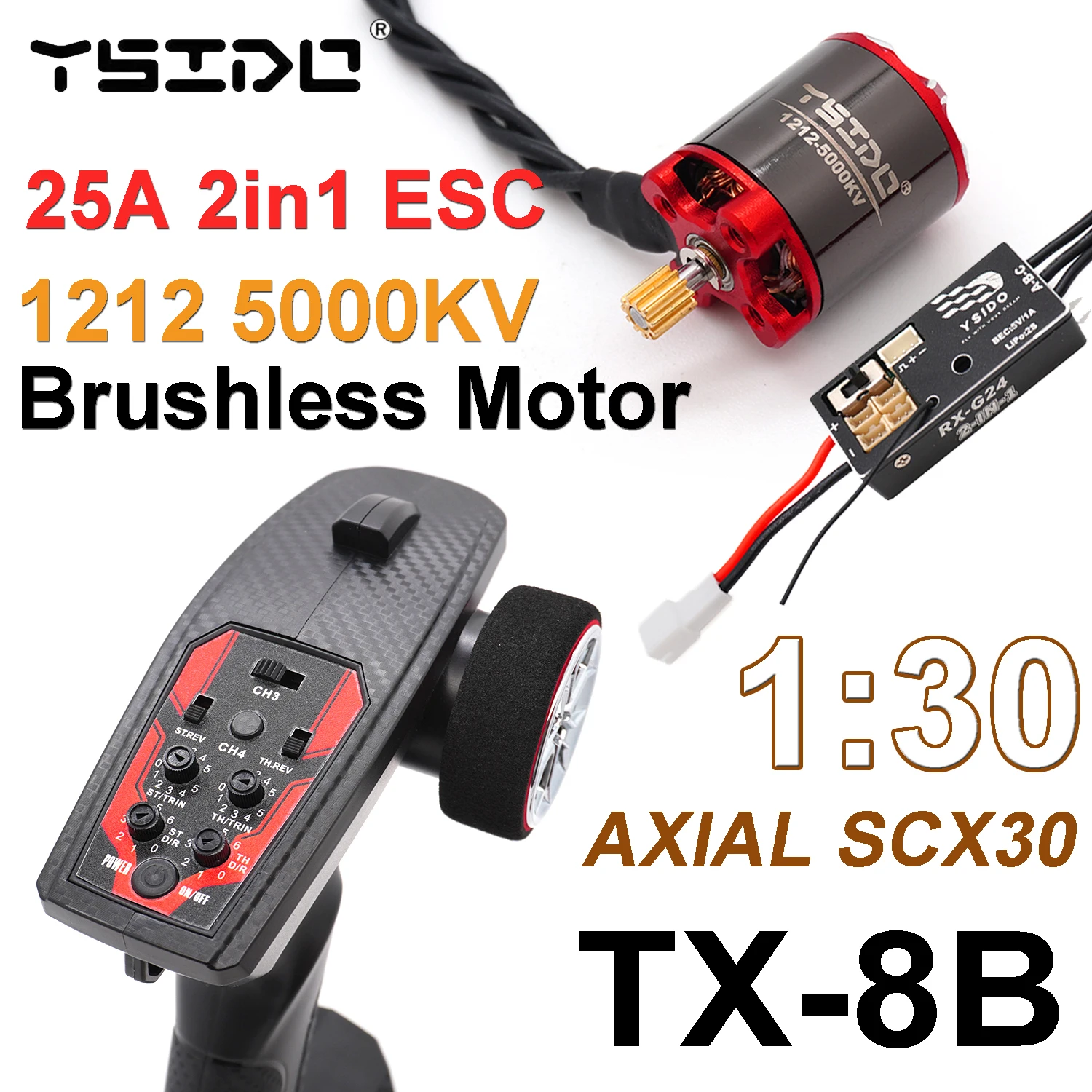 YSIDO TX-8B 4CH Transmitter 1212 5000KV Outrunner Brushless Motor 25A ESC 2in1 Set for AXIAL SCX30 1/30 RC Crawler Car Boat Part