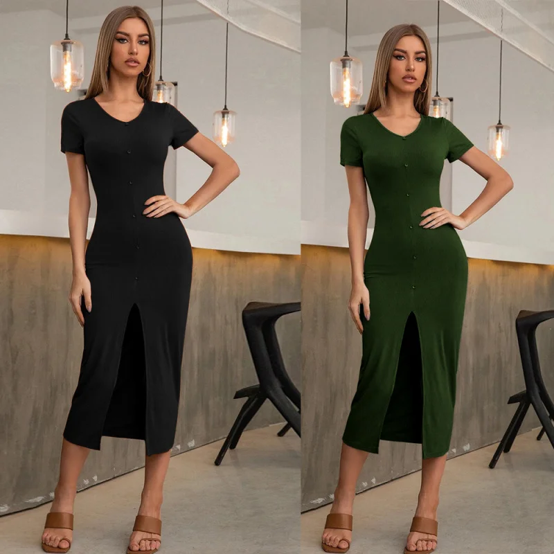 

YQ1-New Women's Fashion Sexy Slim Fit Slit Knitted Mid-Length Dress Button Pullover Commuter Dress