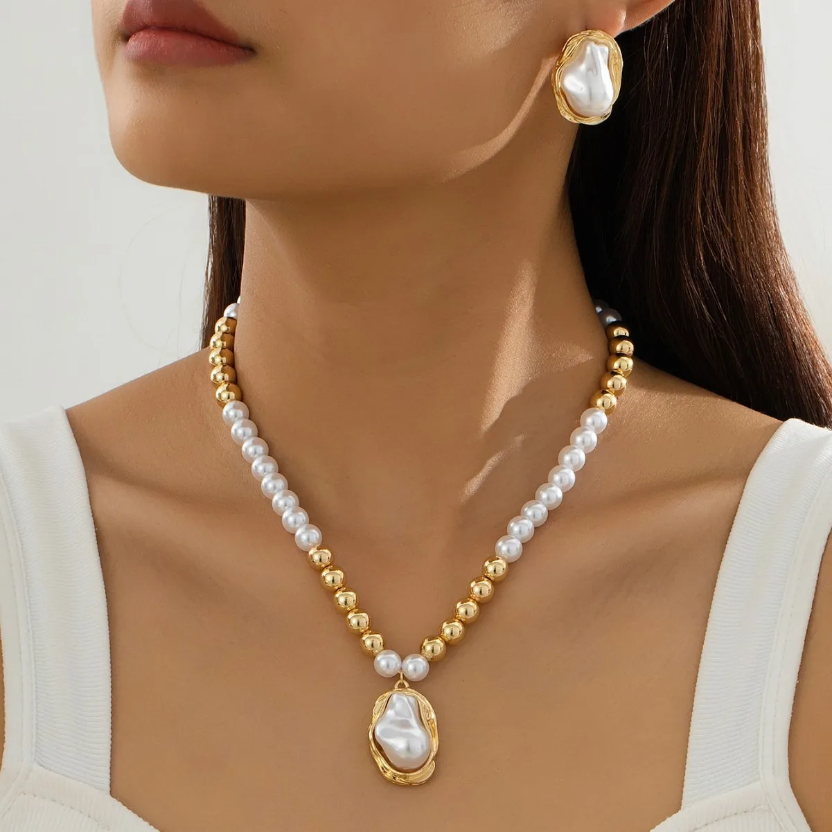 4PCS Retro Elegant Irregular Artificial Earrings Necklace Ring Set, Perfect for Women's Daily Wear Party Gift