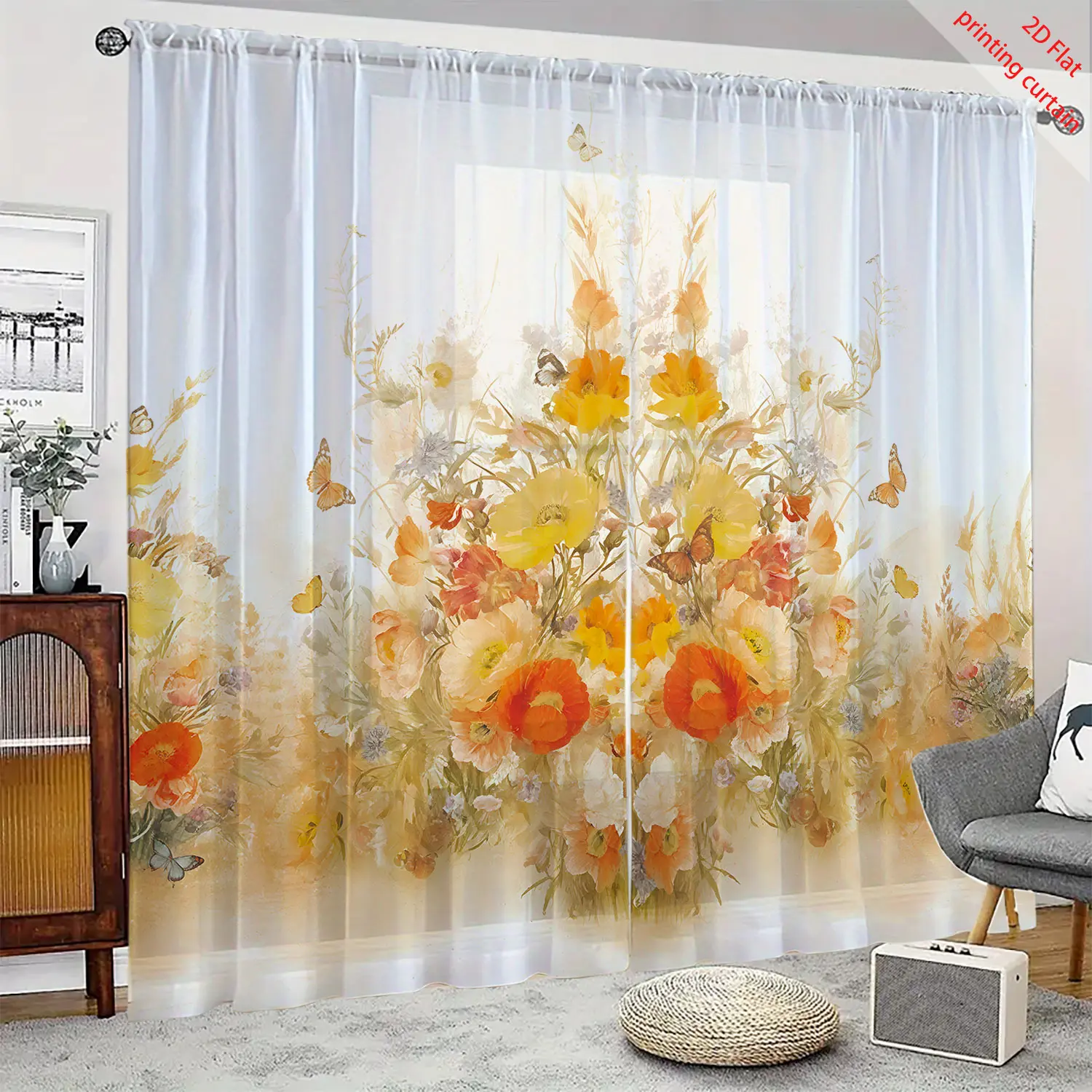 Flower and plant landscape printed transparent curtain, aesthetic window decoration, suitable for home, office, dormitory