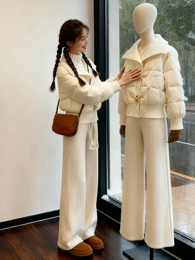 

Комплект из трех предметов: вязаный свитер большого размера для осени/зимы, повседневные брюки с широкими штанинами и модный женский комплект с высоким содержанием хлопка.