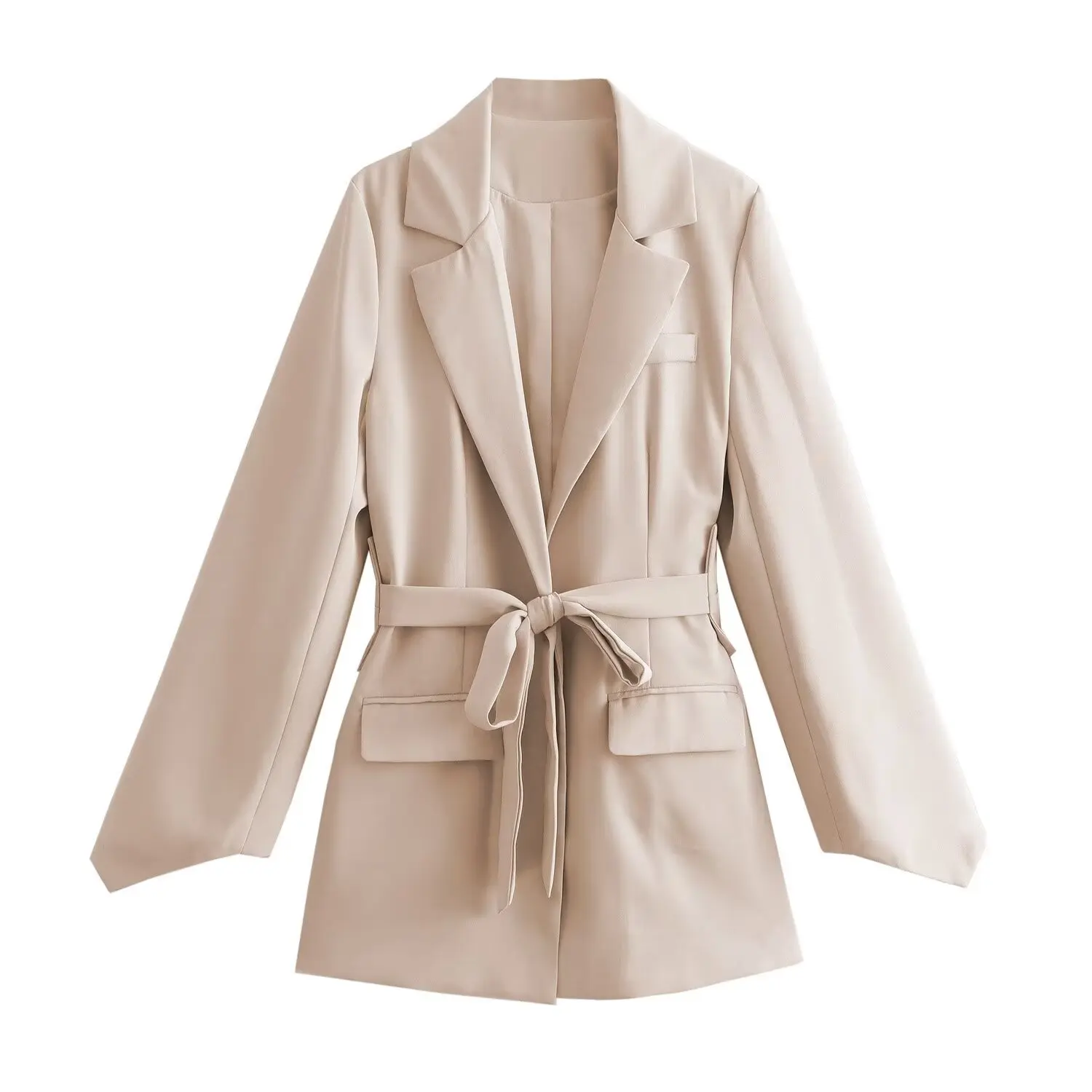 TRAFZA 2024 Spring Women Office Lady Solid Blazer Belt Loose Long Blazer Lapel Oversized Tuck In Blazer Casual Blazer For Women