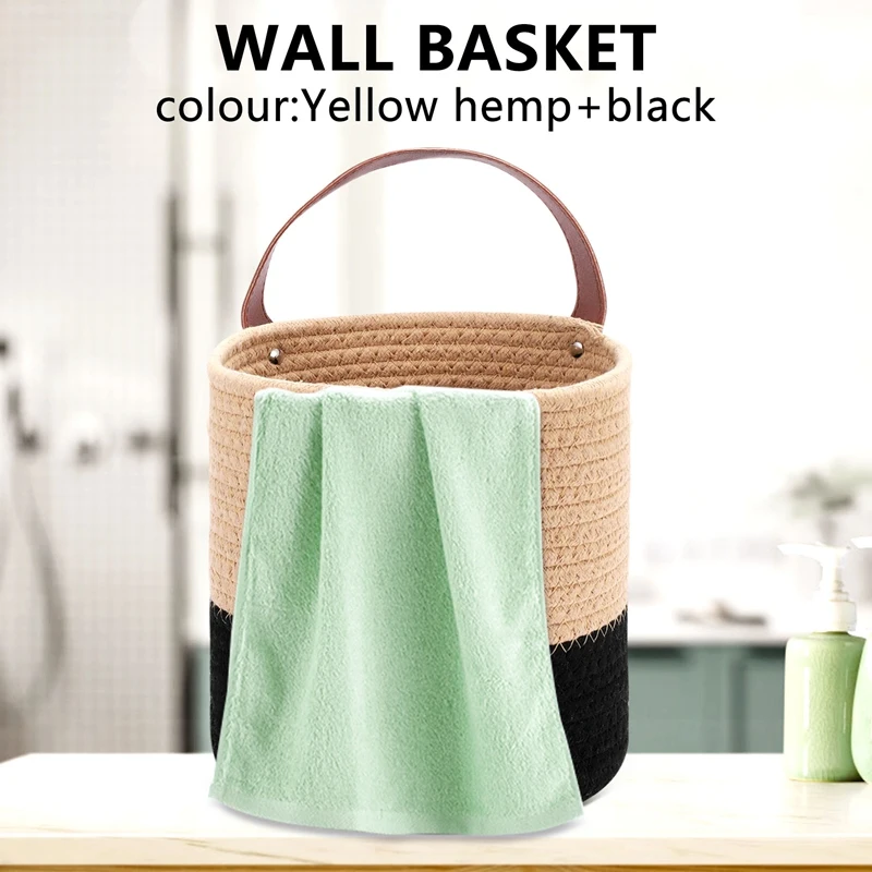 

Rog-eyWall Mounted Woven Hanging Basket Storage with Leather Handle, Shelf Basket Organizer for Plants Home Decor,