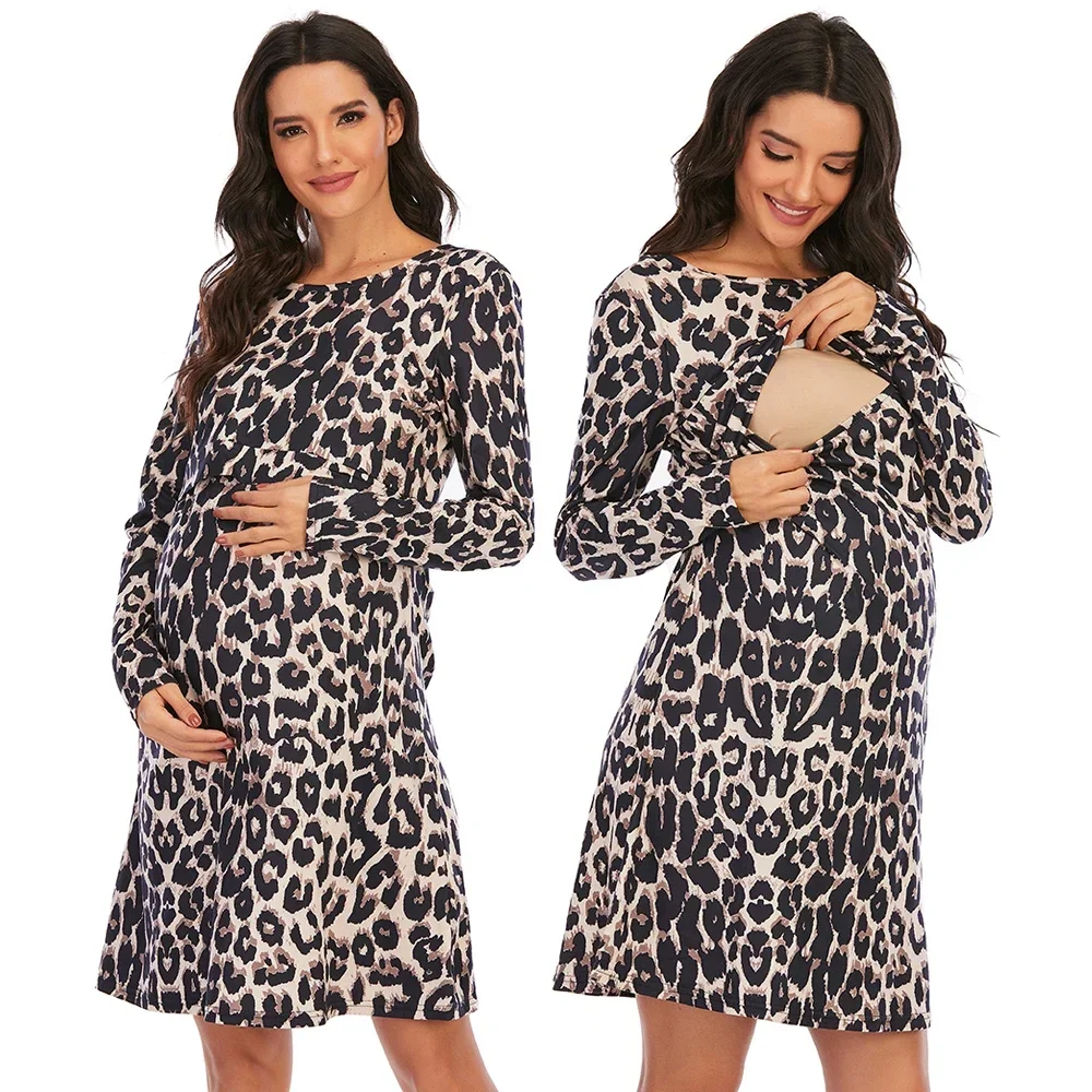 Leopard Pregnancy Dress Photography Maternity Photography Props Long Sleeve Maternity Dresses For Photo Shoot Maxi Dresses