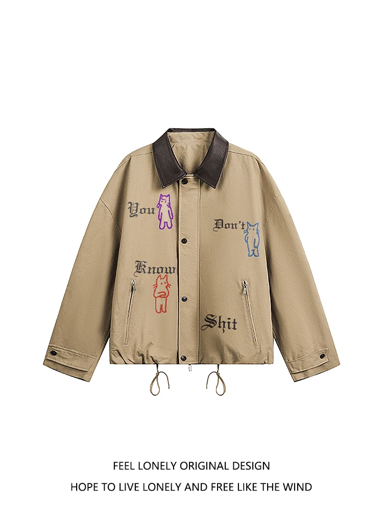 

Ретро американская искусственная кожа с буквенным принтом и лацканами, рабочая одежда, джае, свободная посадка, верхняя одежда на молнии, пальто