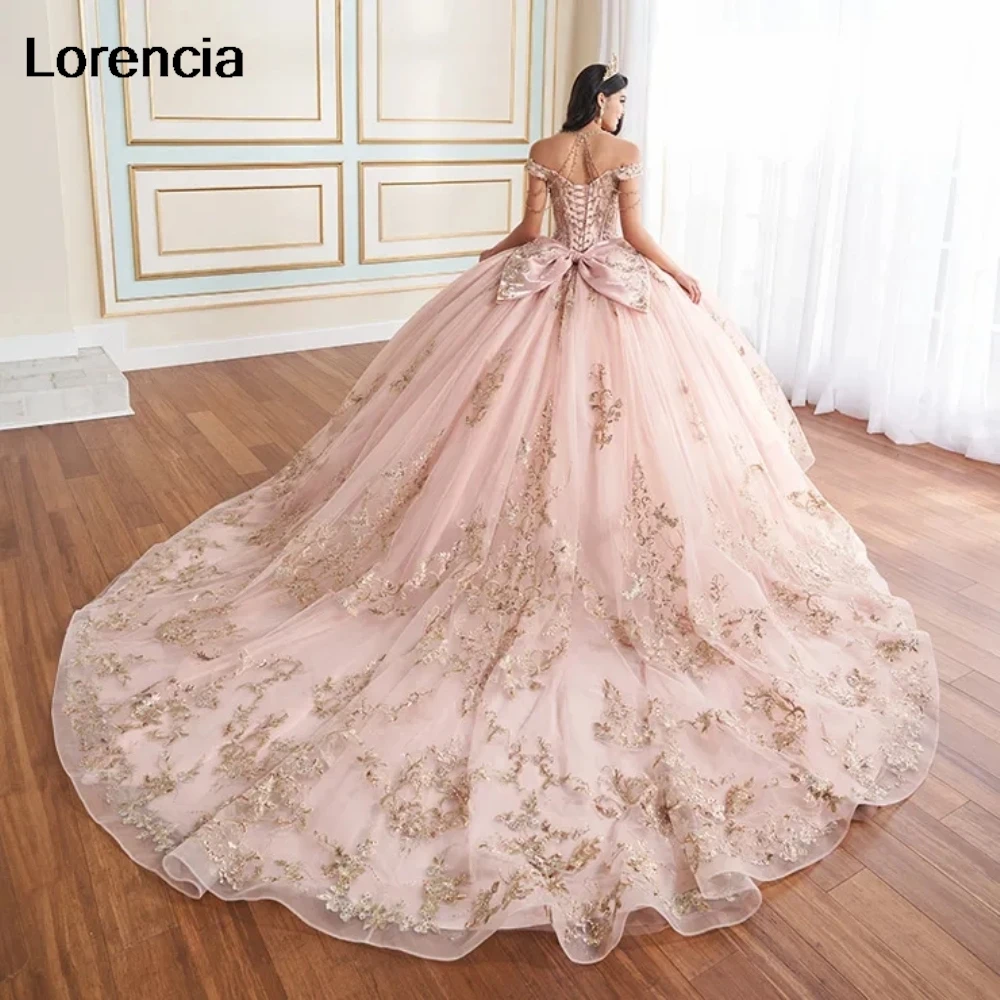 Personalizado brilhante blush rosa quinceanera vestido de baile ouro renda applique miçangas espartilho doce 16 vestidos de 15 anos yqd987