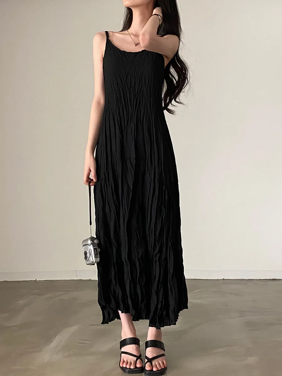 Chic Summer Sleeveless Gown with Pleated Design round Neck Simple Style Long Dress Korean Style Casual Dress for Women