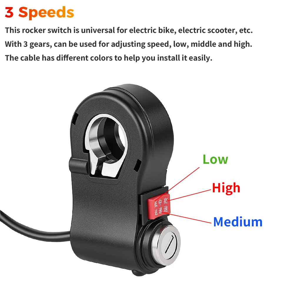 Universal for Electric Bicycle 3 Speed Rocker Switch Ignition Key Power Lock E Bike Handlebar 3 Gears Speed Control Switch Parts