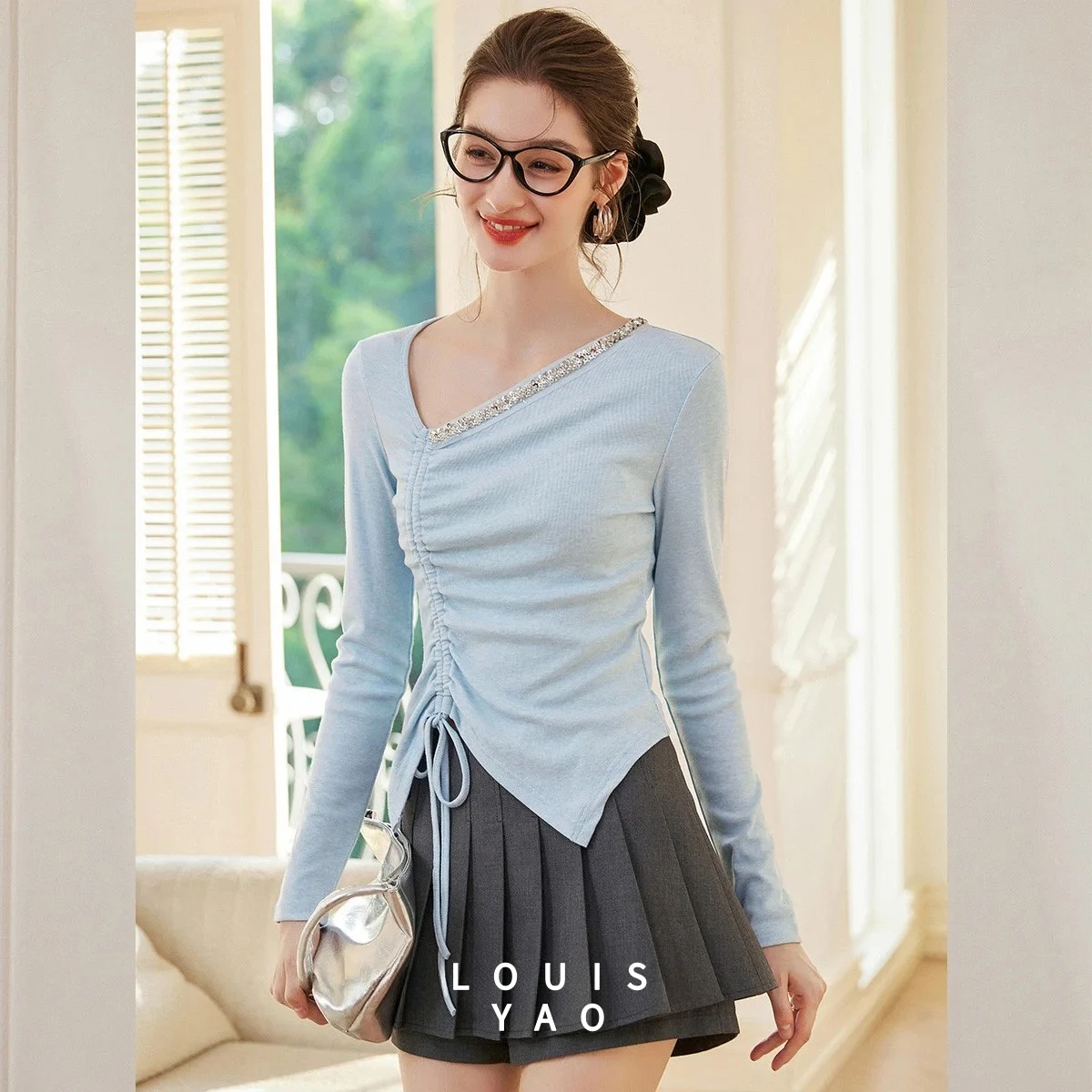 

LOUISYAO Irregular Collar Women's T-shirt 2025 Autumn Top Strap Drawn Hemp Drawstring Tightening Long Sleeve Tees