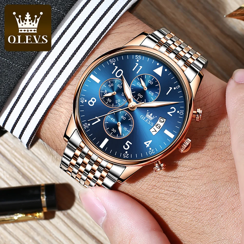 OLEVS 2869 Pilot Multifunctional Quartz Wristwatch for Men Stainless Steel Waterproof Luminous Calendar Chronograph Mens Watches